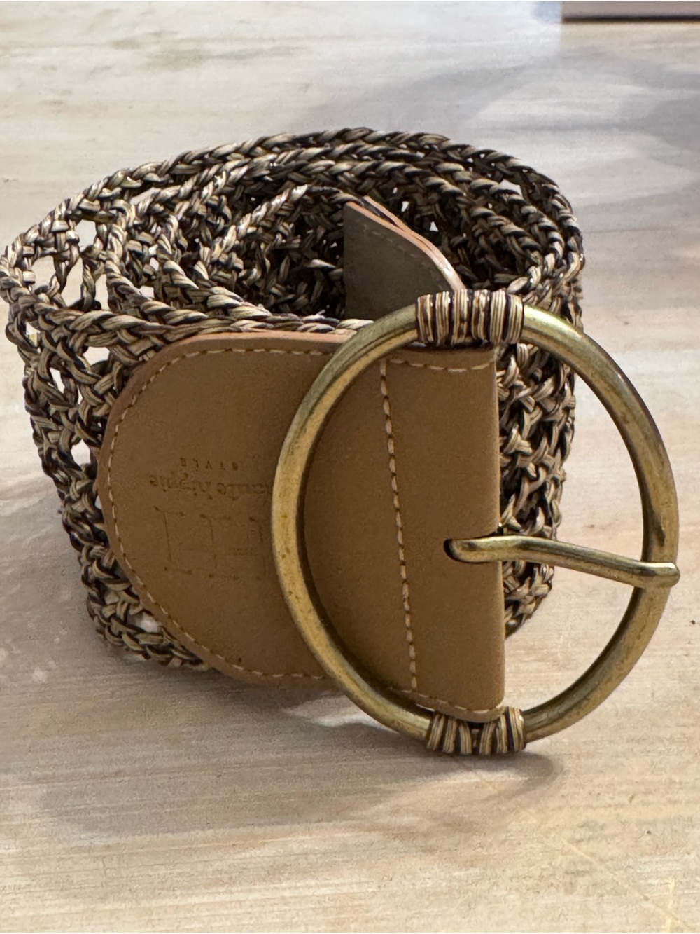 Haute Hippie Braided Brown and Tan Belt with Round Antique Gold Buckle
